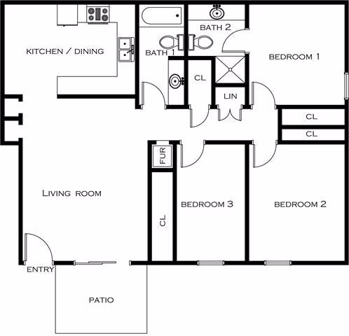 3 Bed 2 Bath floor plan